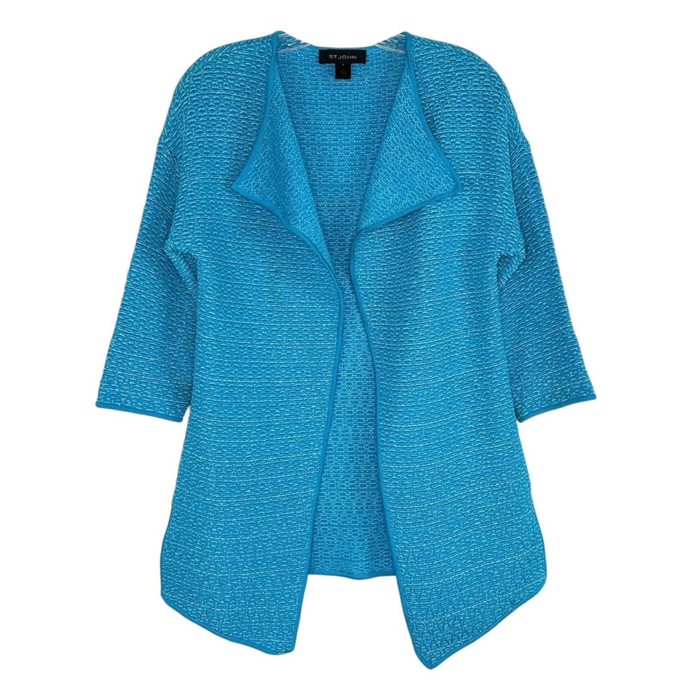 ST. JOHN Blue Tweed Knit Open Front Cardigan Sweater Women's Size 2